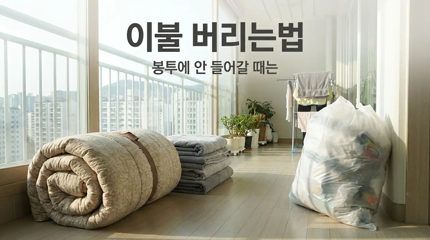 이사 정리 중 돌돌 말아 끈으로 묶어둔 낡은 이불